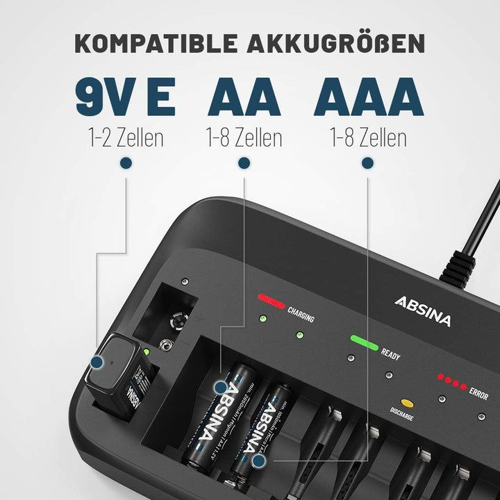 ABSINA Akku Ladegerät X10 für AA, AAA &amp; 9V - Akkuladegerät 10-Fach zum Laden von wiederaufladbaren A