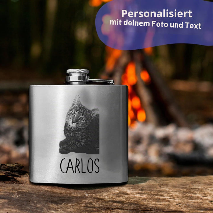 Edelstahl-Flachmann, personalisiert mit Ihrem Foto und Text, 175 ml, Lasergravur.