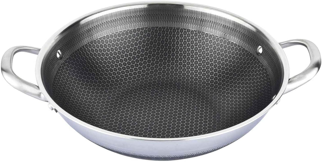 4BIG.fun Wok Bratpfanne aus Edelstahl 32 cm Antihaft Wabenstruktur Wokpfanne mit Glasdeckel Asia Sch