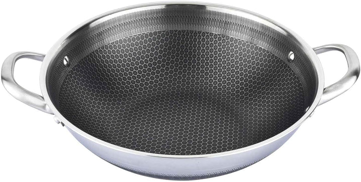 4BIG.fun Wok Bratpfanne aus Edelstahl 32 cm Antihaft Wabenstruktur Wokpfanne mit Glasdeckel Asia Sch