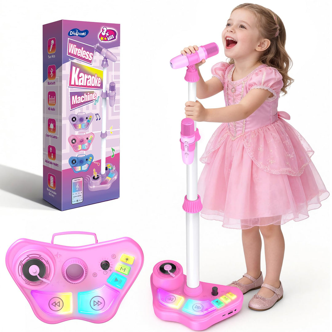 Karaoke Maschine und 2 Mikrofon Kinder mit Verstellbarer Ständer, Geschenk Spielzeug für Mädchen 3-1