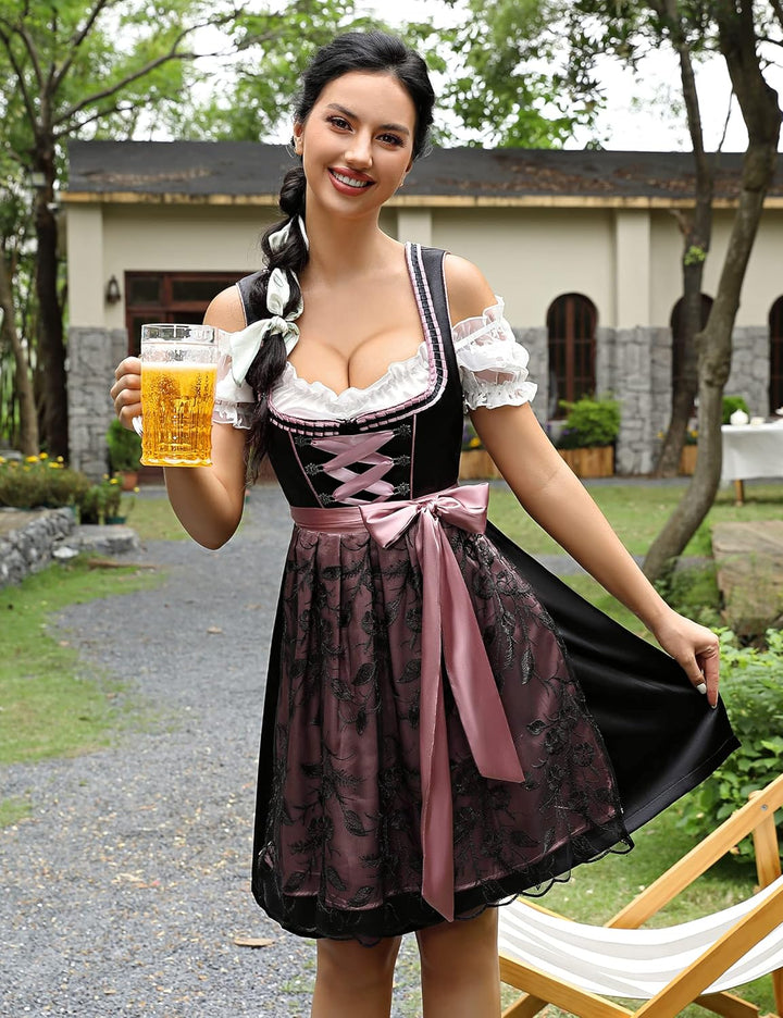 KOJOOIN Dirndl Damen Kurz Trachtenkleid 3tlg. Midi Dirndl für Oktoberfest Drei Teilig: Dirndlkleid,S