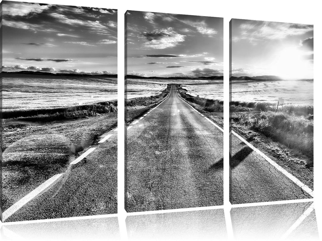 Pixxprint Feldweg im Sonnenschein als Leinwandbild/Grösse: 3 Teilig (120x80) cm/Wandbild/Kunstdruck/