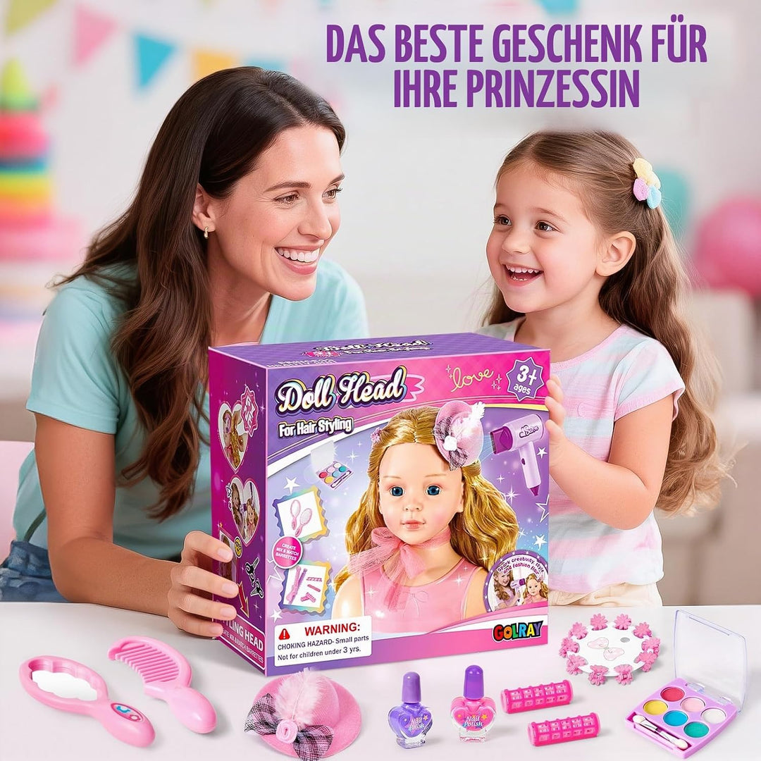 Frisierkopf Kinder Schminkkopf Mädchen Spielzeug, Stylingkopf Set mit Haartrockner, Lockenstab, Schm