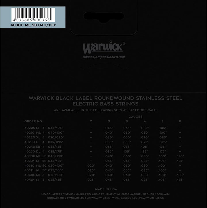 Warwick Black Label Bass .040-.130 - 5-String Set ML, Low B