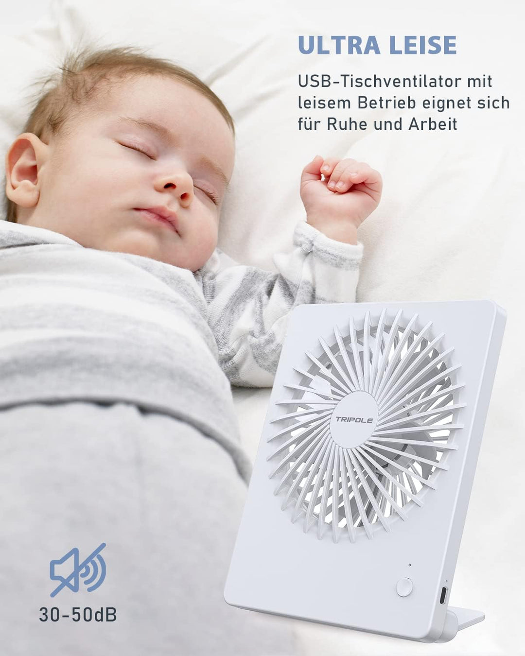TriPole Tischventilator Leise, 2000mAh Ladefähige USB Ventilatoren Ausführen Bis zu 4-16 Std, 3 Gesc