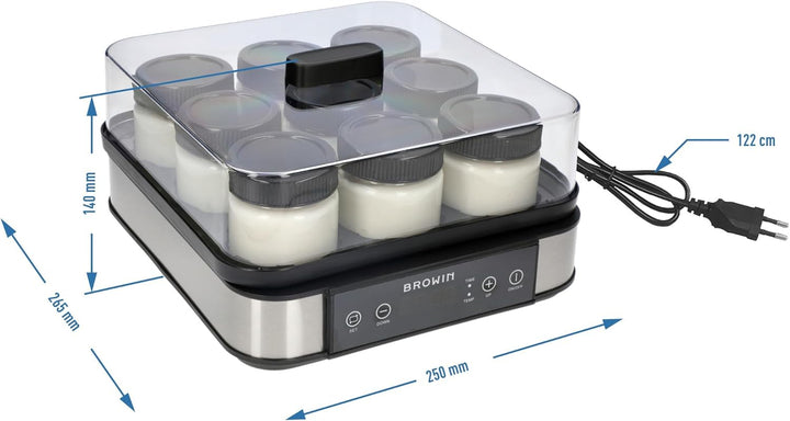 BROWIN® Joghurt-Maker mit Thermostat, Joghurtbereiter mit 1,6 l Fassungsvermögen, 9 Gläser, Weiss |