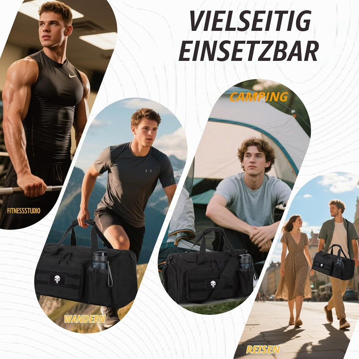 Taktische Sporttasche für Herren, 60L grosse Reisetasche mit Schuhfach, Sporttasche mit Nassfach, Mu