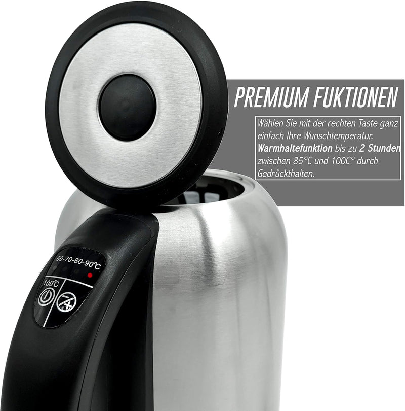 Wasserkocher Edelstahl LED mit Temperatureinstellung Premium - 2200W -Mit Farbspiel und Warmhaltefun