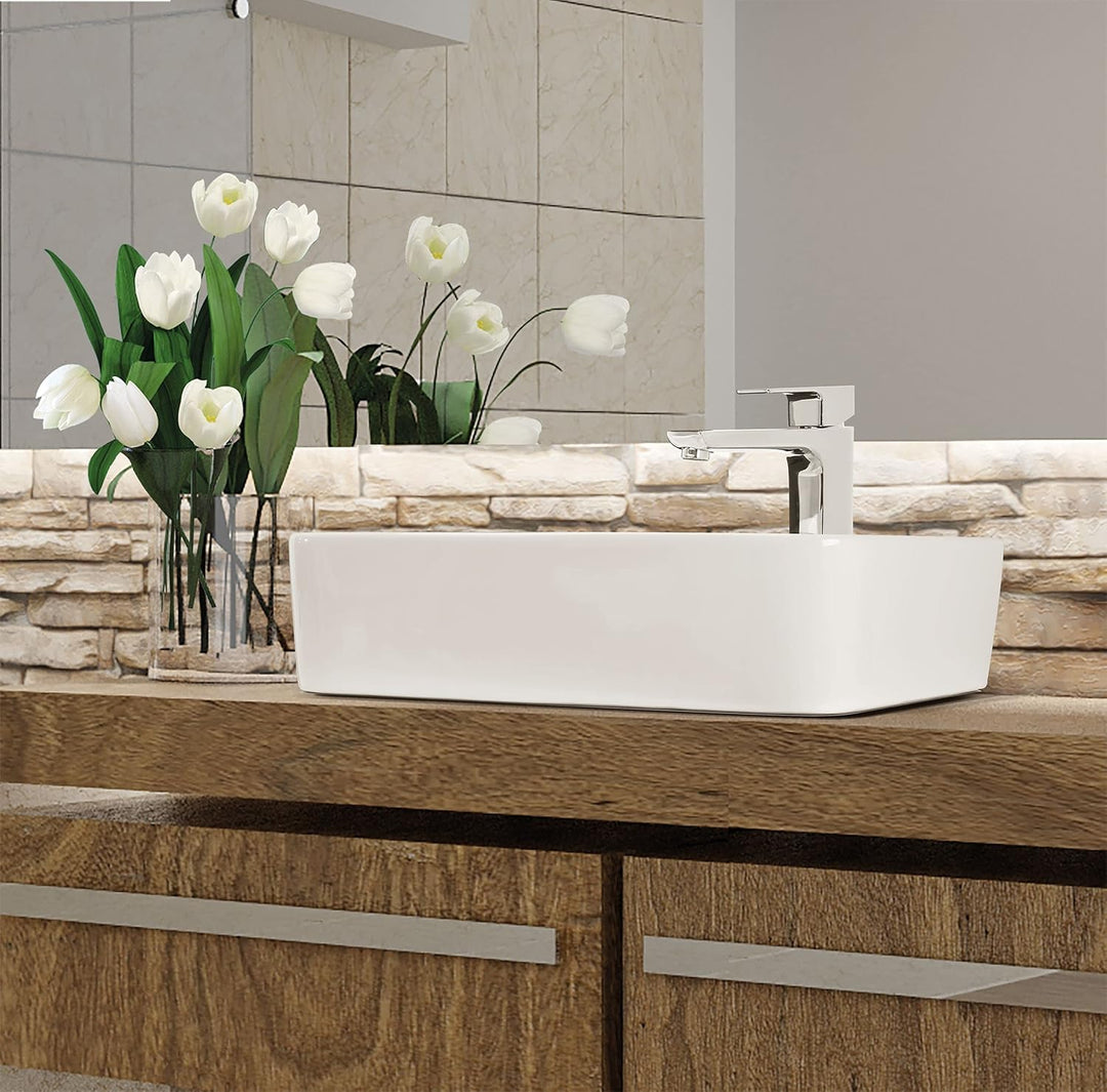 VBChome Waschbecken 47,5 x 37,5 cm Rechteck Keramik Weiss Oval Waschtisch Handwaschbecken Aufsatzwas