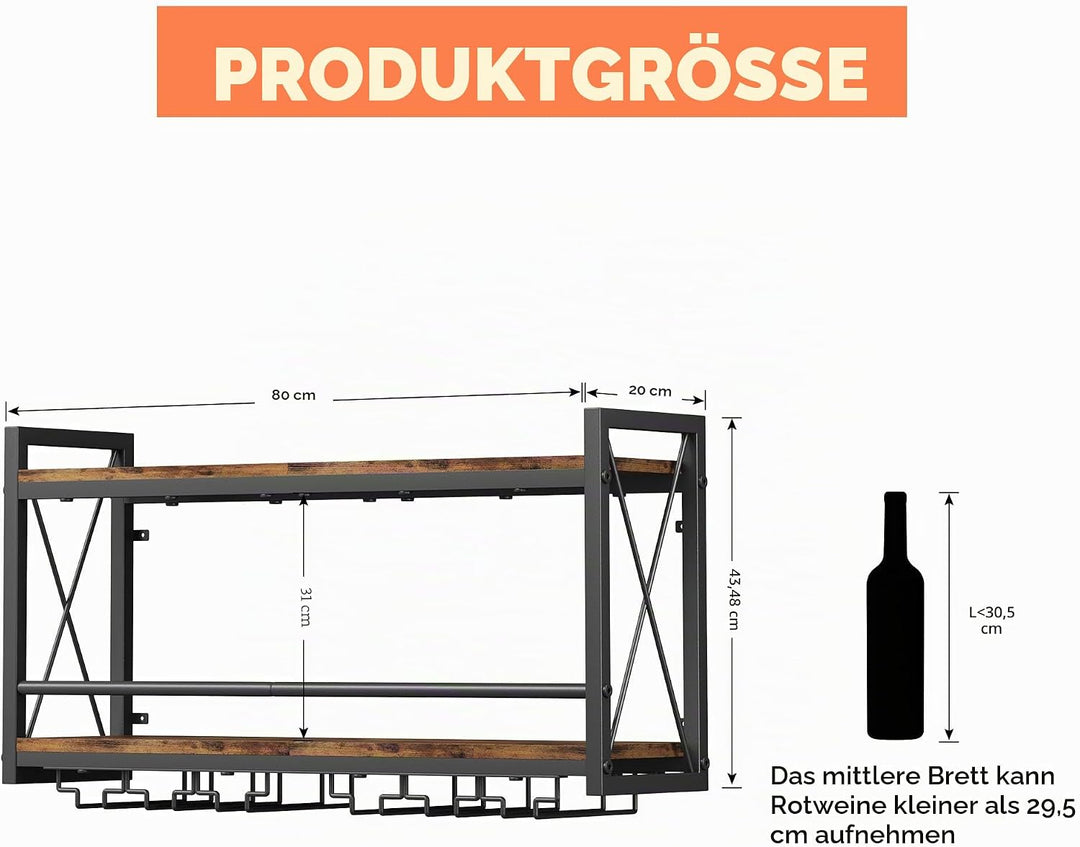 Homeiju Wandmontiertes Weinregal, Flaschen- und Glashalter, Holz, Metall, Retro, schwimmendes Weinre