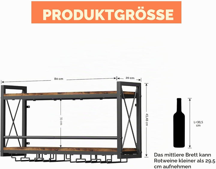 Homeiju Wandmontiertes Weinregal, Flaschen- und Glashalter, Holz, Metall, Retro, schwimmendes Weinre