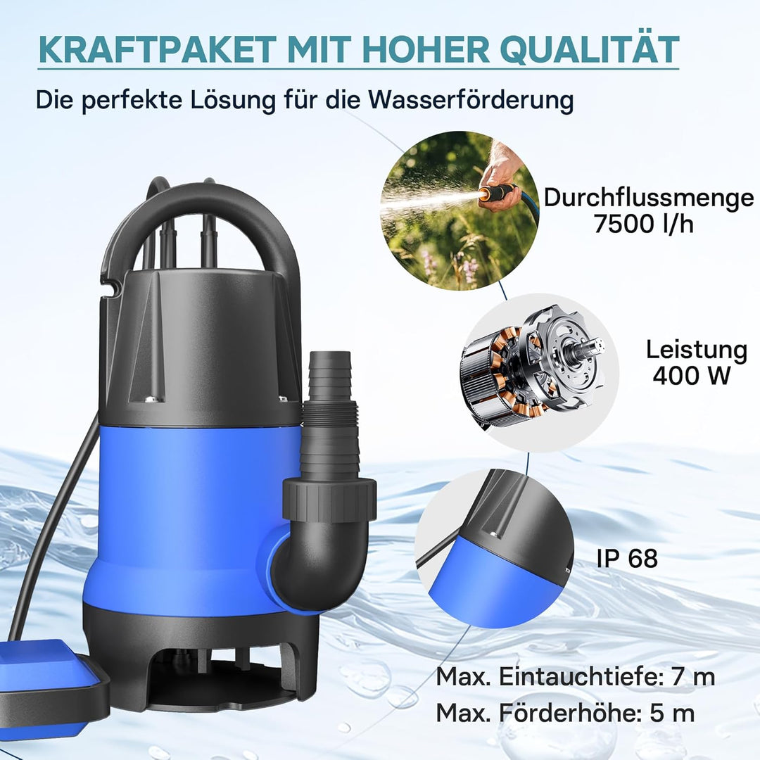 Schmutzwasserpumpe 400 W 7500 l/h Tauchpumpe Gartenpumpe Brunnenpumpe Entwässerungspumpe
