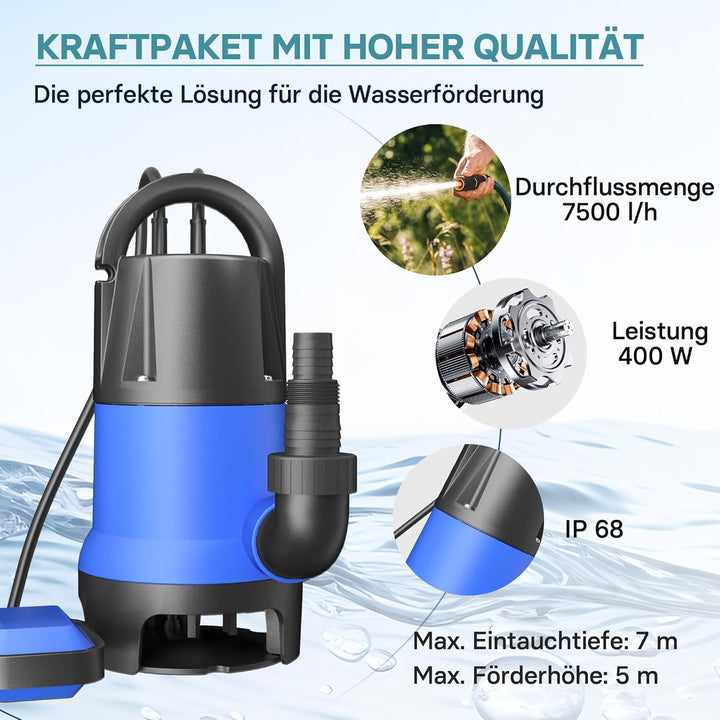 Schmutzwasserpumpe 400 W 7500 l/h Tauchpumpe Gartenpumpe Brunnenpumpe Entwässerungspumpe