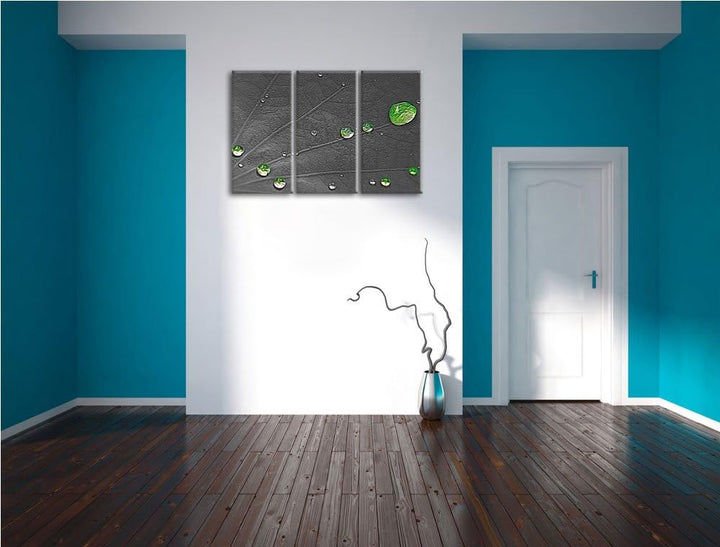 winzige Wassertropfen auf grünem Blatt schwarz/weiss Spezial 3-Teiler Leinwandbild 120x80 Bild auf L