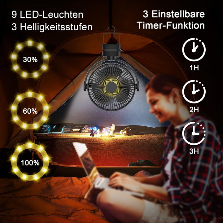 ELZO Tischventilatoren Camping Ventilator, 21cm/8.26 Zoll, 12000mAh Wiederaufladbarer USB Ventilator