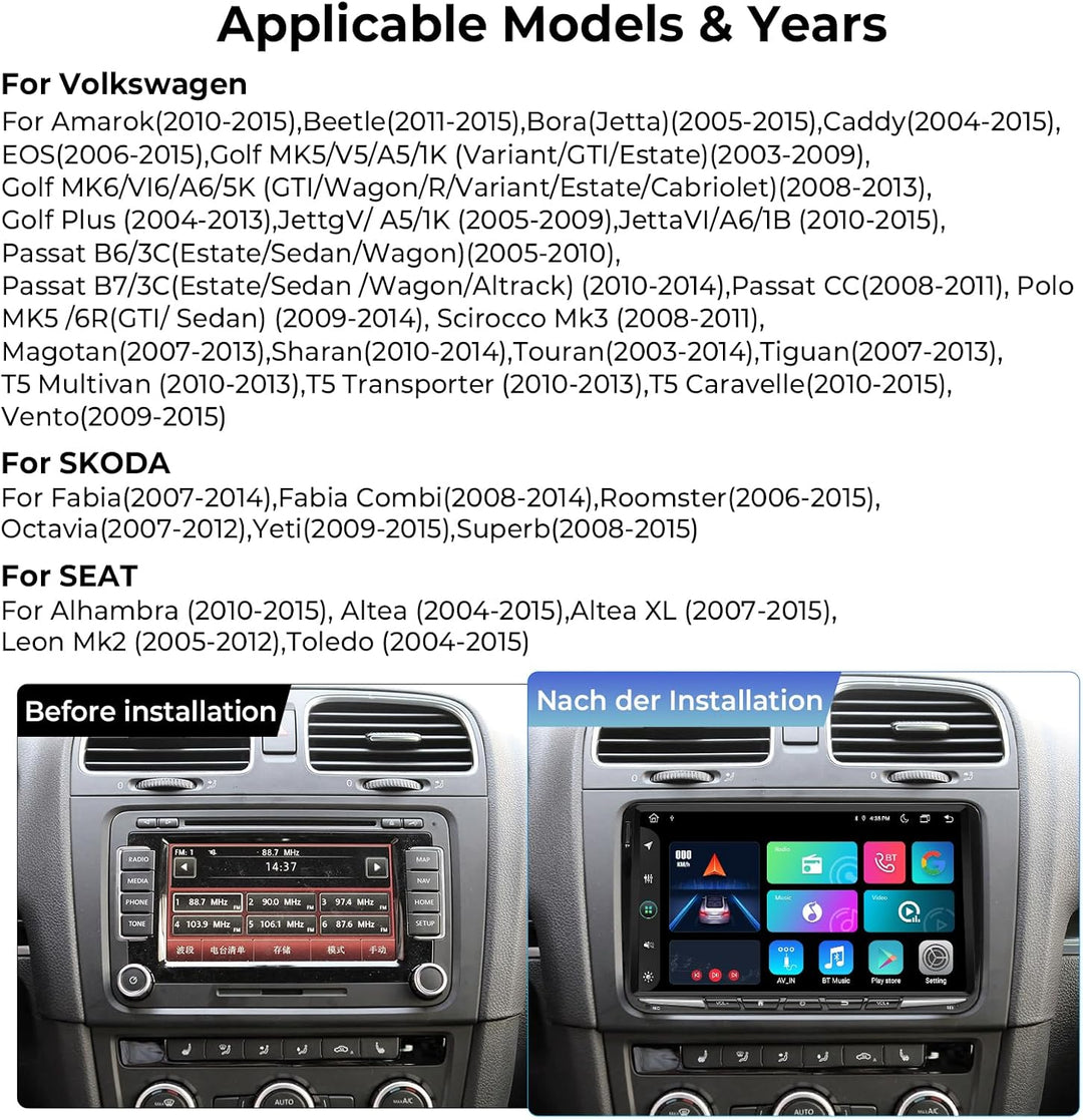 [Upgrade 6+128GB] Autoradio für VW Golf Passat Touran Seat Skoda, 9 Zoll Touchscreen Radio mit Wirel