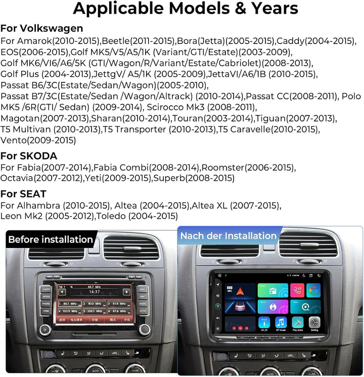 [Upgrade 6+128GB] Autoradio für VW Golf Passat Touran Seat Skoda, 9 Zoll Touchscreen Radio mit Wirel