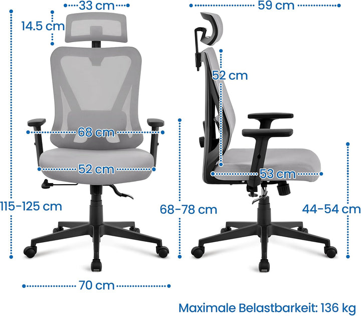 Yaheetech Bürostuhl Ergonomisch, Schreibtischstuhl mit Verstellbarer Kopfstütze, Armlehnen, Lendenwi