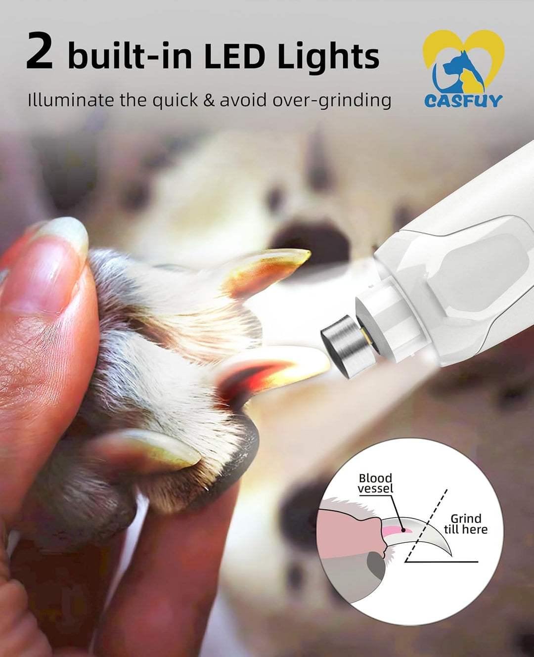 Casfuy Krallenschleifer für Hunde - (45 dB) 6-Gang-Haustier-Krallenschleifer mit 2 LED-Lichtern für