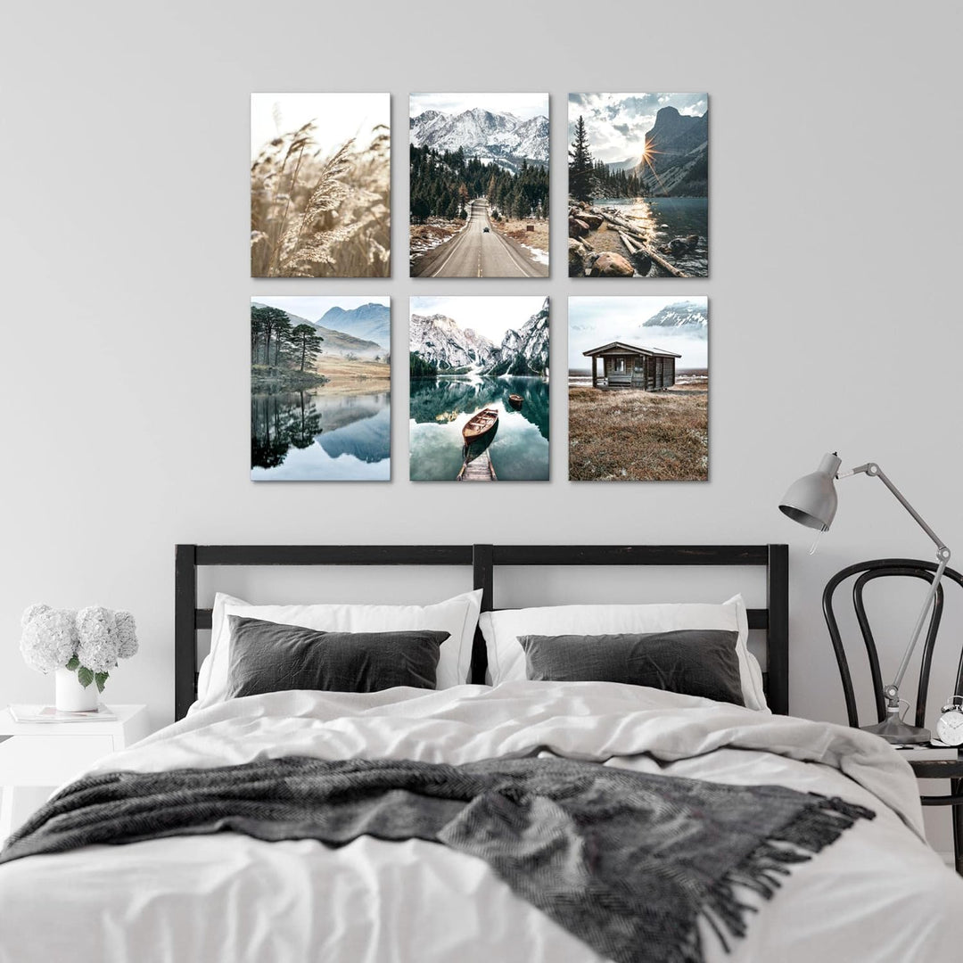 Novart Set Wandbilder - KEIN EXTRA RAMEN BENÖTIGT - Wohnzimmer Schlafzimmer - Bilder Modern See Berg