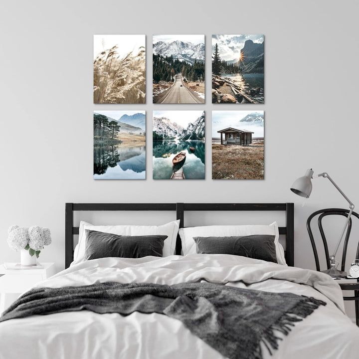 Novart Set Wandbilder - KEIN EXTRA RAMEN BENÖTIGT - Wohnzimmer Schlafzimmer - Bilder Modern See Berg
