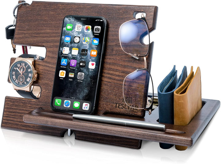 Holz Telefon Dockingstation Asche Baum Geldbörsenständer Schlüsselhalter & Uhren Organisator Herren