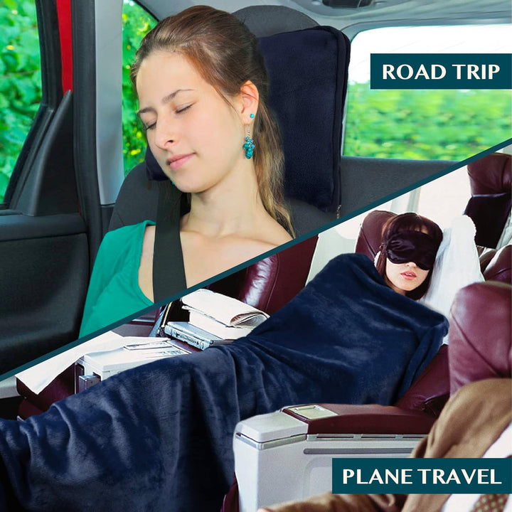 Reisedecke und -Kissen, Doppelreissverschlüsse, Clip on Strap | Warmes weiches Fleece 2-in-1 Combo D