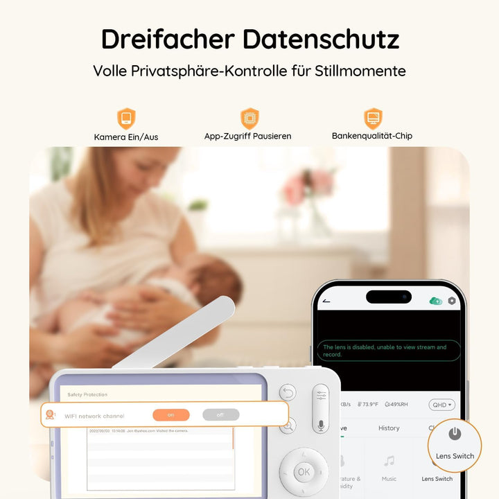 Boifun Babyphone mit Kamera und App, 5" 2K Bildschirm Babyfon, Weinen/Bewegungs/Geräuscherkennung,PT