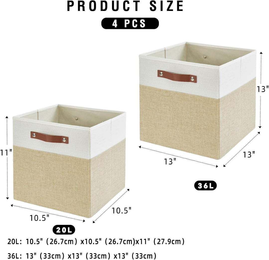 Bagnizer Faltbare Aufbewahrungsbox aus Stoff mit 2 PU-Griffe, 4er Set Beige &amp; Weiss M-33x33x33CM, Be