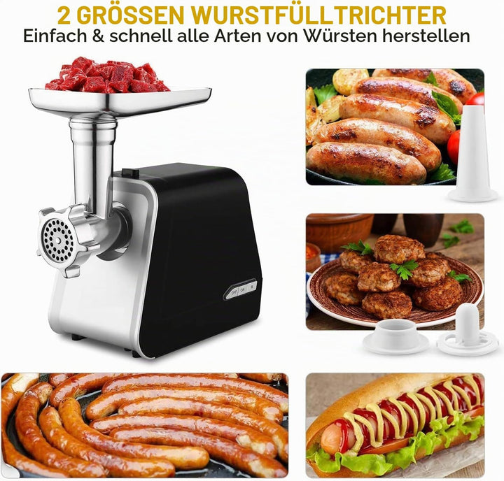 COOCHEER 2000W Elektrischer Fleischwolf, 3-in-1 Edelstahl Fleischmaschine mit 3 Lochscheiben, Wurstf