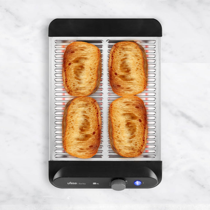 Ufesa Flacher Toaster Barley, 900W mit 3 Quarz-Heizelementen, Horizontaler Edelstahl-Toaster, XL-Grö