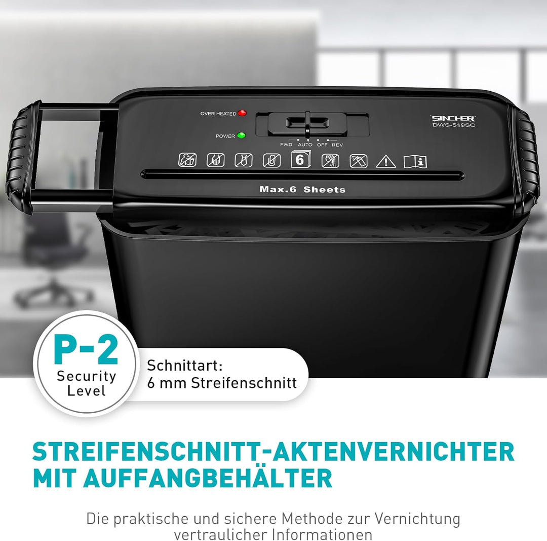 Aktenvernichter Streifenschnitt, 6 Blatt Kapazität,Kreditkarten Zerkleinerung, Überhitzungsschutz, S