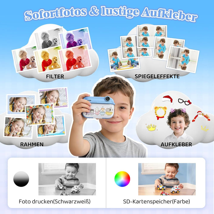 Sofortbildkamera Kinder, 48MP Kinderkamera Sofortbildkamera mit Dual-Kamera, mit Druckpapier & 32G T