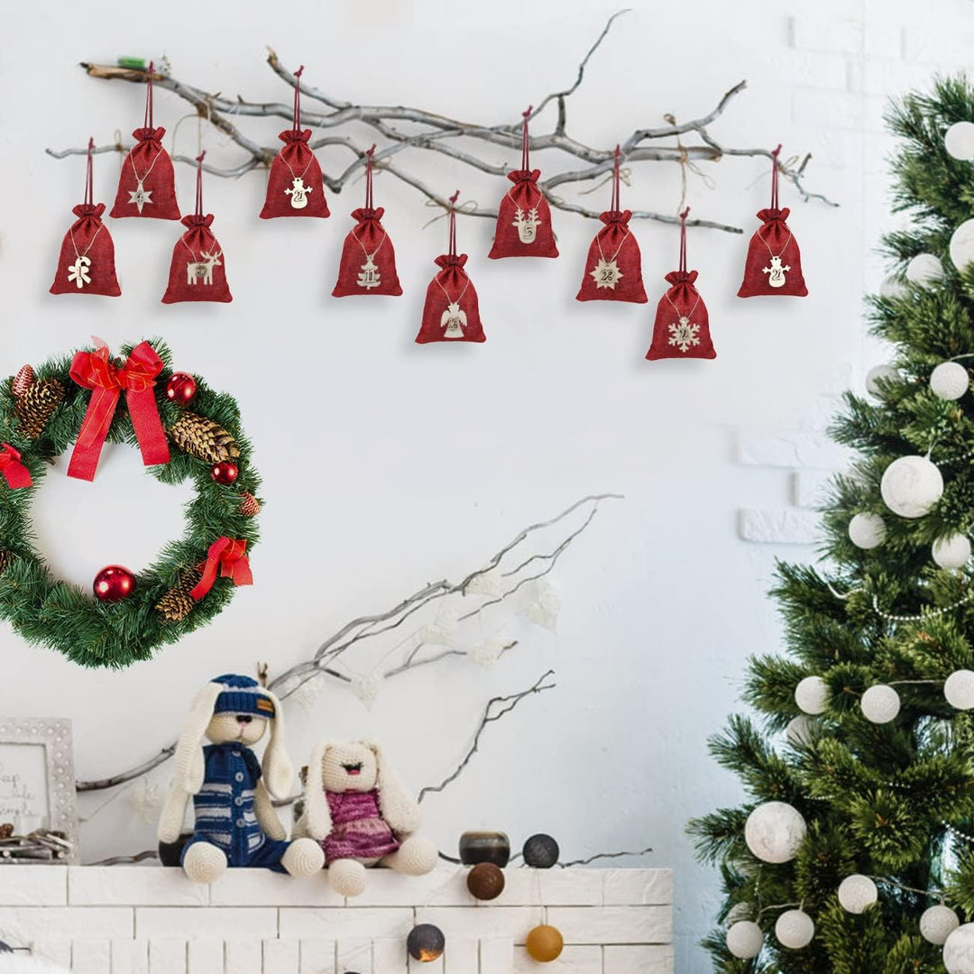 Naler 24 x Jutesäckchen Adventskalender Stoffbeutel mit Zahlen Holzanhänger Jute Beutel Säckchen für