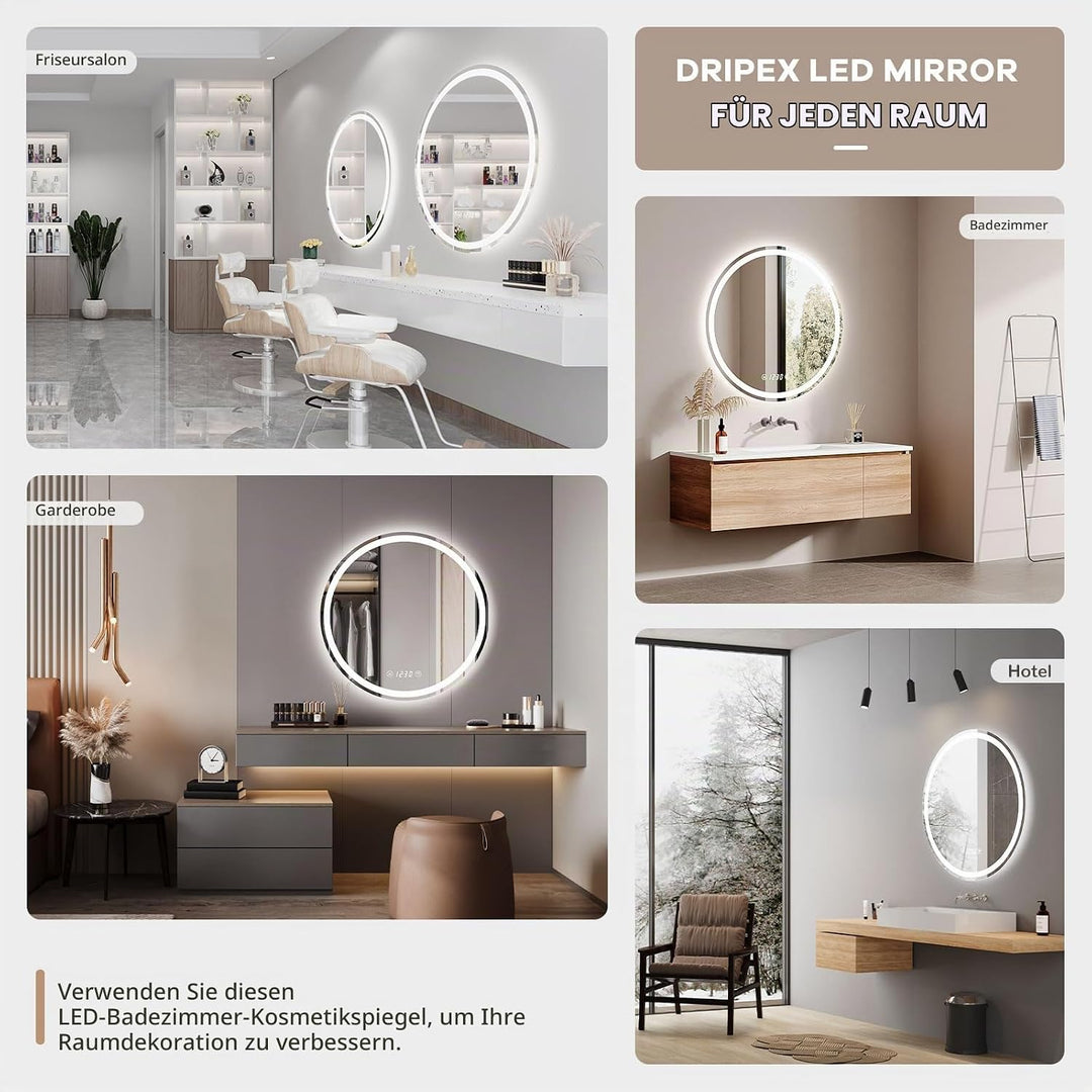 Dripex Badspiegel mit Beleuchtung Rund Led Spiegel mit Uhr und Touch-Schalter, Dimmbar, 3 Lichtfarbe