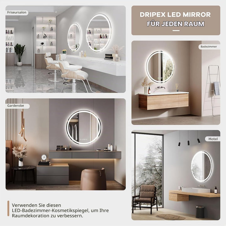 Dripex Badspiegel mit Beleuchtung Rund Led Spiegel mit Uhr und Touch-Schalter, Dimmbar, 3 Lichtfarbe
