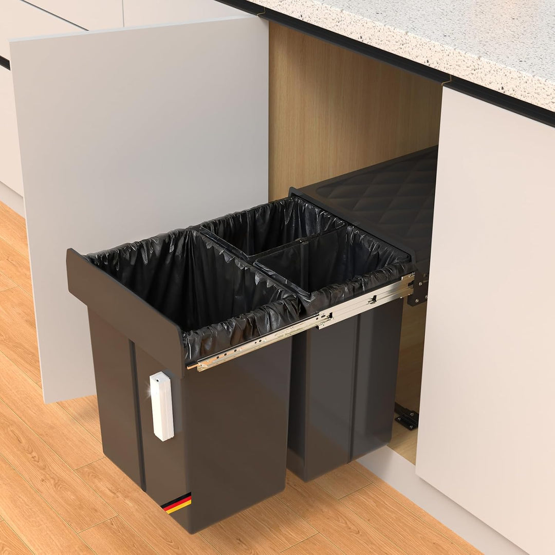 Huracan Mülleimer Küche Unterschrank Ausziehbar 40L, Mülleimer 3 Fächer, Mülltrennsystem Küche, Einb