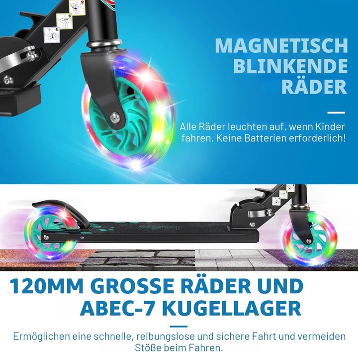 BELEEV Roller Kinder 2 Räder, Klappbar Kinderroller für Mädchen Jungen, Tretroller mit LED Leuchtend