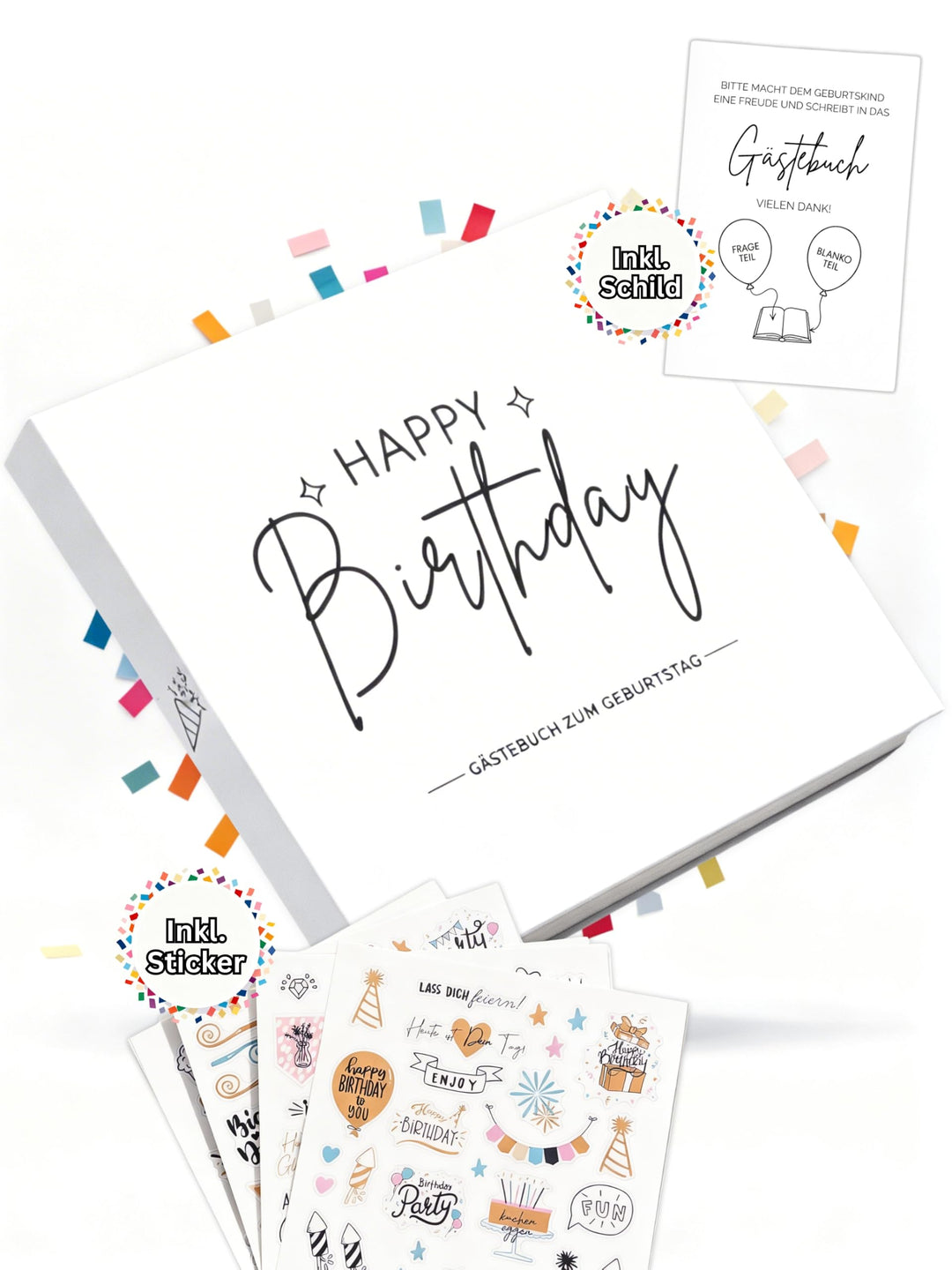 Gästebuch Geburtstag mit Fragen &amp; Blankoseiten zum Ausfüllen, Sticker, Weiss | für 18 30 40 50 60 70