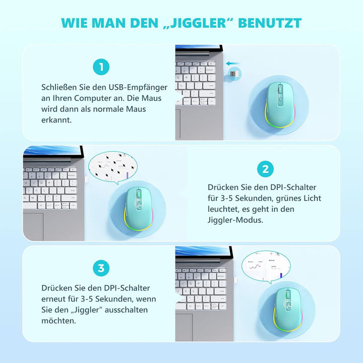 seenda Kabellose Maus mit Jiggler, RGB-Beleuchtung, 2000 DPI, Blaugrün | Wiederaufladbare 2.4G USB V