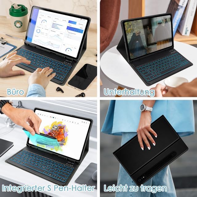 SOPPY Hülle mit Tastatur für 12,4'' Samsung Galaxy Tab S9 FE+/S9 Plus/S8+/S7+/S7 FE, Kabellose 7-Far