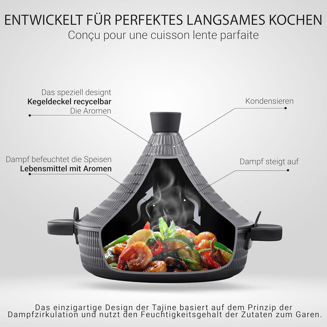 INTIGNIS Aluminium Tajine 28cm, Antihaft, Induktion & Gas Herd geeignet, Deckel mit Selbstbastfunkti