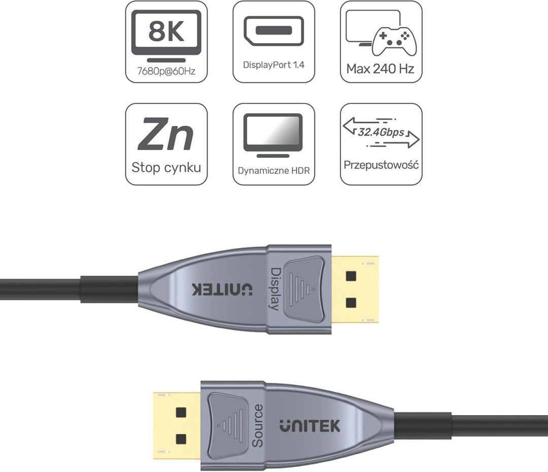UnITEK Human friendly 8K-Glasfaserkabel DisplayPort 1.4 20M (8K @60Hz, 4K @144Hz, 1440p @240Hz) | Da