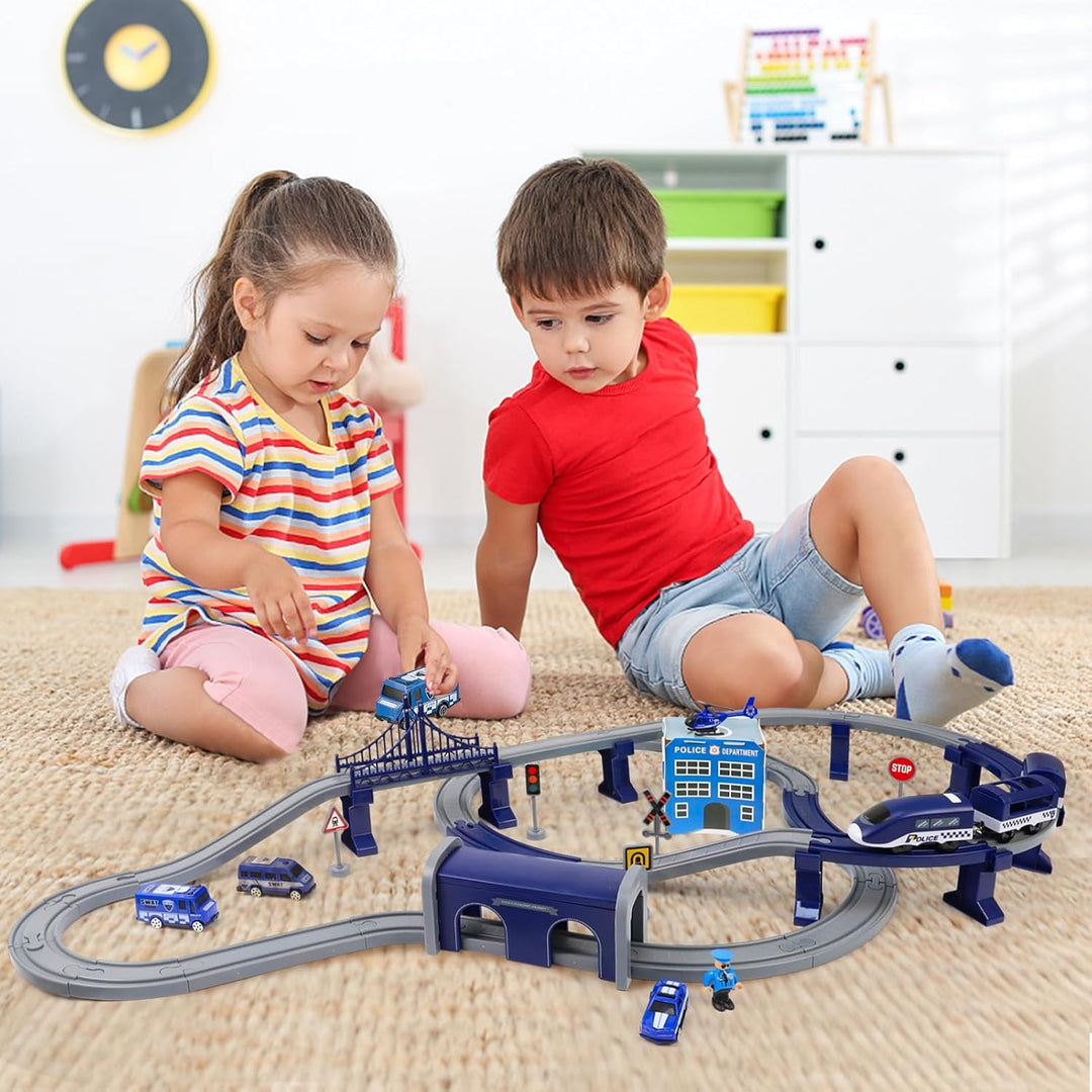 LZDMY Eisenbahn Kinder Elektrisch Autorennbahn Set Spielzeug, 92 PCS Kinderspielzeug Zug Kompatibel