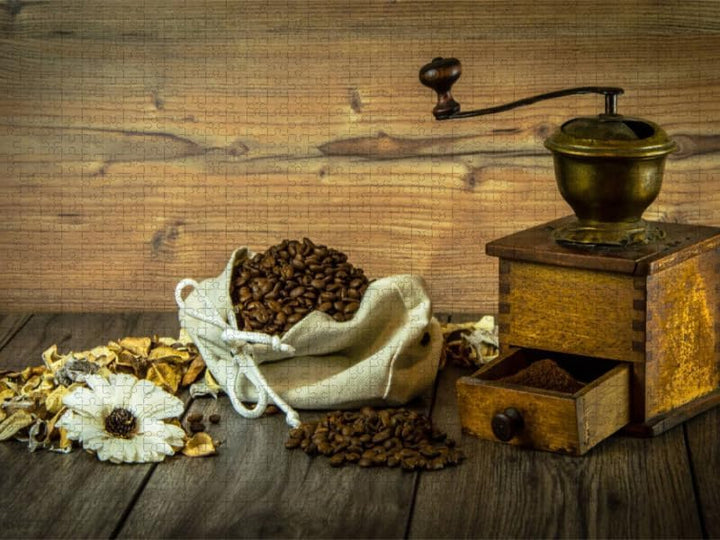 CALVENDO Puzzle Kaffeemühle mit Kaffeebohnen und Blumen 1000 Teile Lege-Grösse 64 x 48 cm Foto-Puzzl