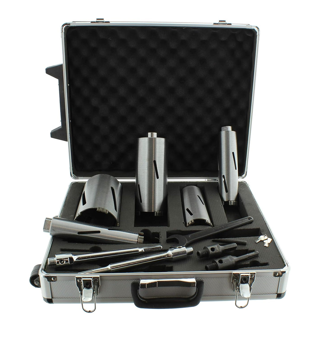Diamant Bohrkronen Set M16 Trockenbohrbox Nutzlänge 180mm Durchmesser 42, 52, 68, 82, 102mm mit Zent