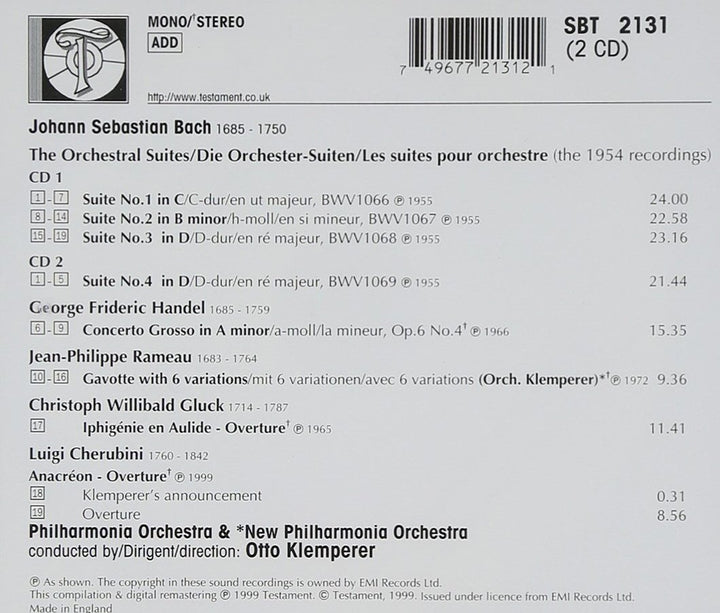 Klemperer dirigiert Bach (Die Orchestersuiten) (Aufnahmen 1954) und Werke von Händel, Rameau, Gluck