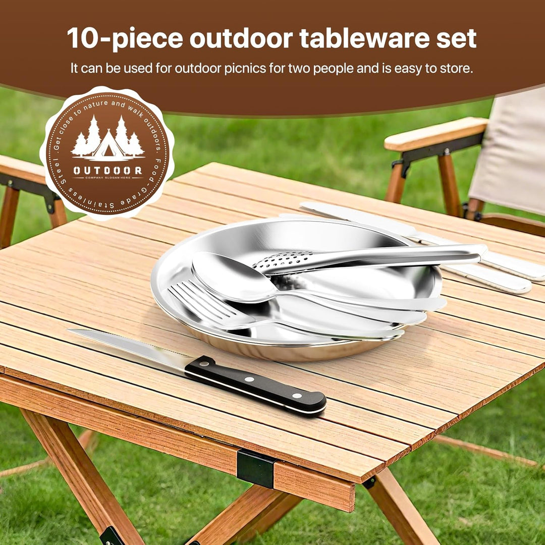 Camping Geschirr Set 2 Personen, 10 Stück Tragbars Campingbesteck Set aus Edelstahl mit einer Tasche