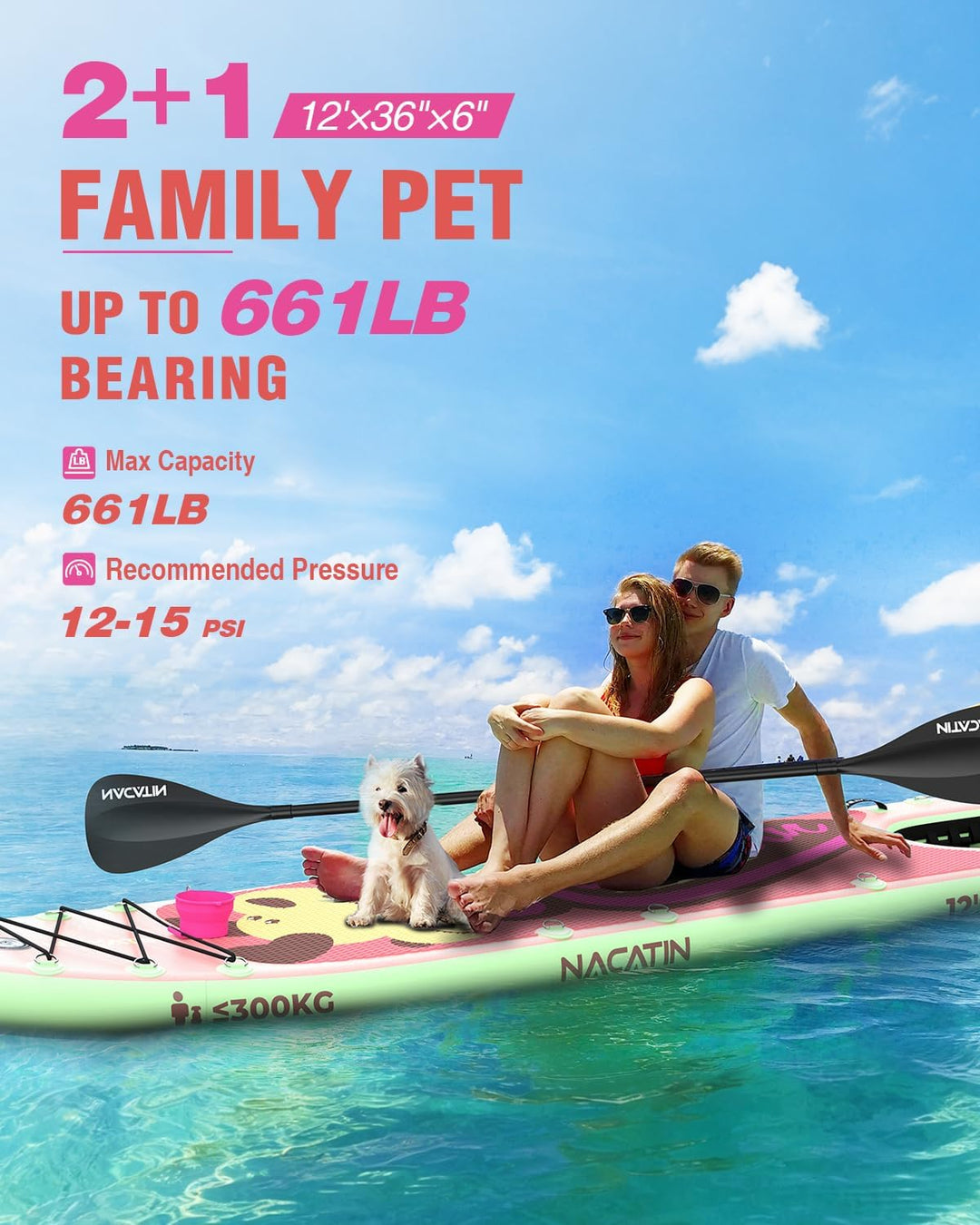 NACATIN 12'/366cm aufblasbares SUP Board mit Hunderampe, breites 36"/91cm Stand Up Paddling Board mi